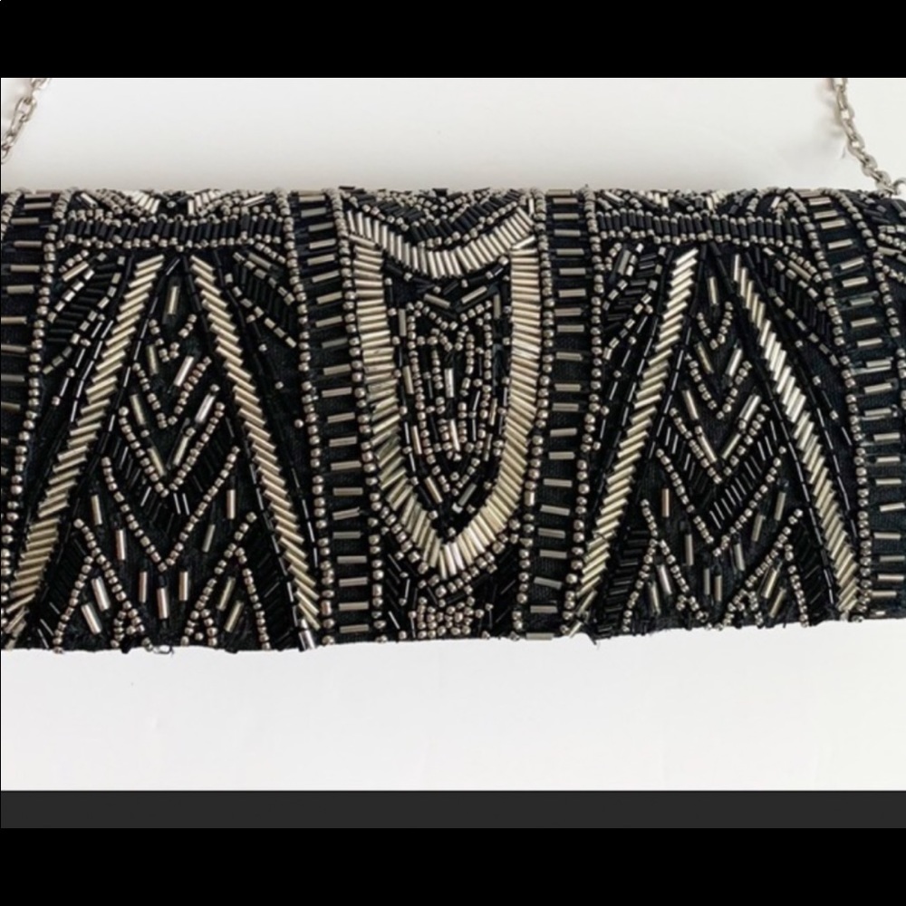 Chicos Black Beaded Evening Bag, Magnetic Closure